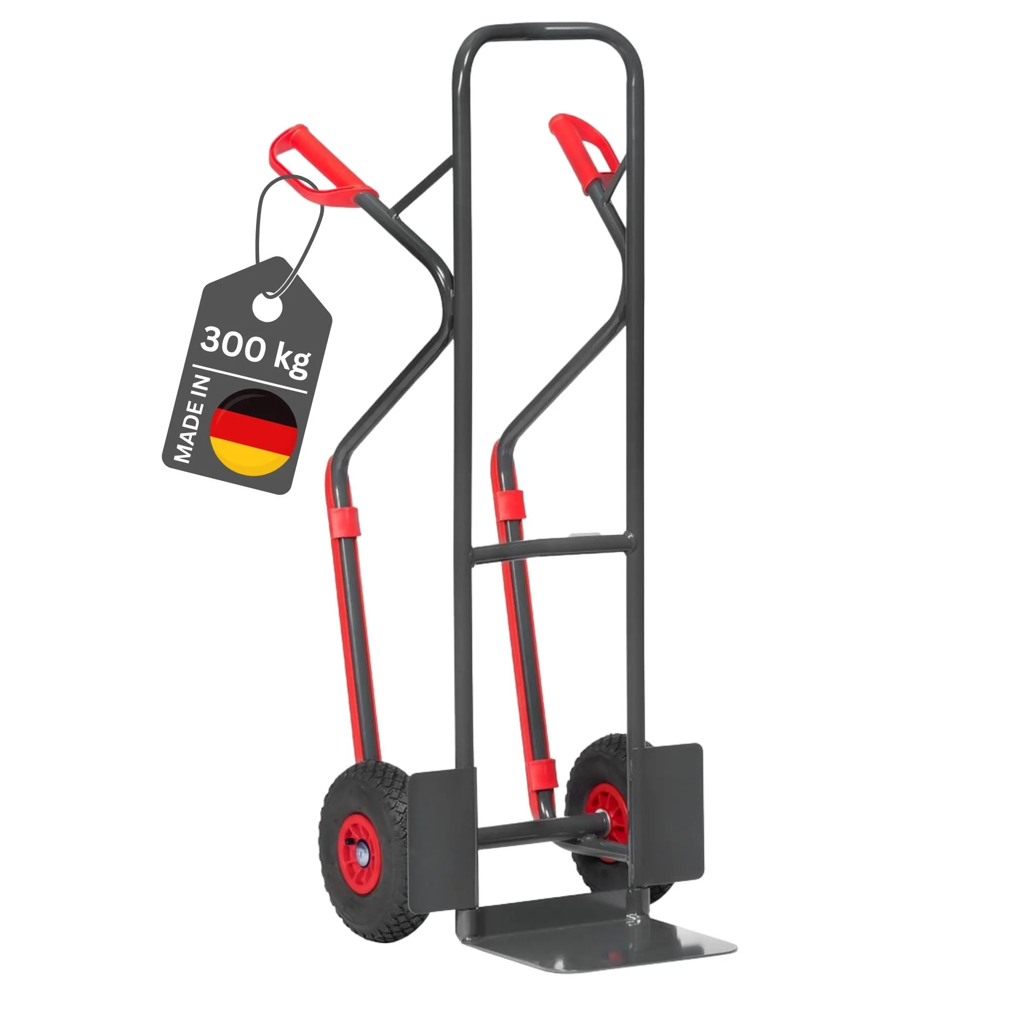 Fetra Hohe Stahlrohr-Sackkarre mit Standardschaufel & pannensichere PU-Bereifung | Traglast 300kg | Made in Germany | Grau