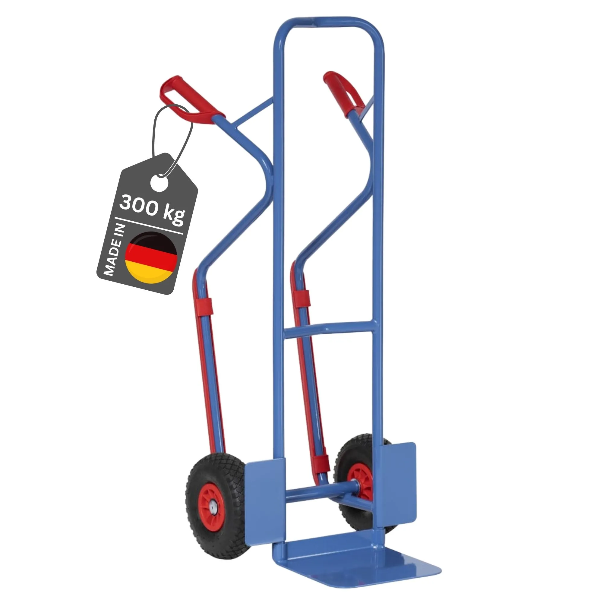 Fetra Hohe Stahlrohr-Sackkarre mit Standardschaufel, Treppenrutsche & pannensichere PU-Bereifung | Traglast 300kg | Made in Germany | Blau