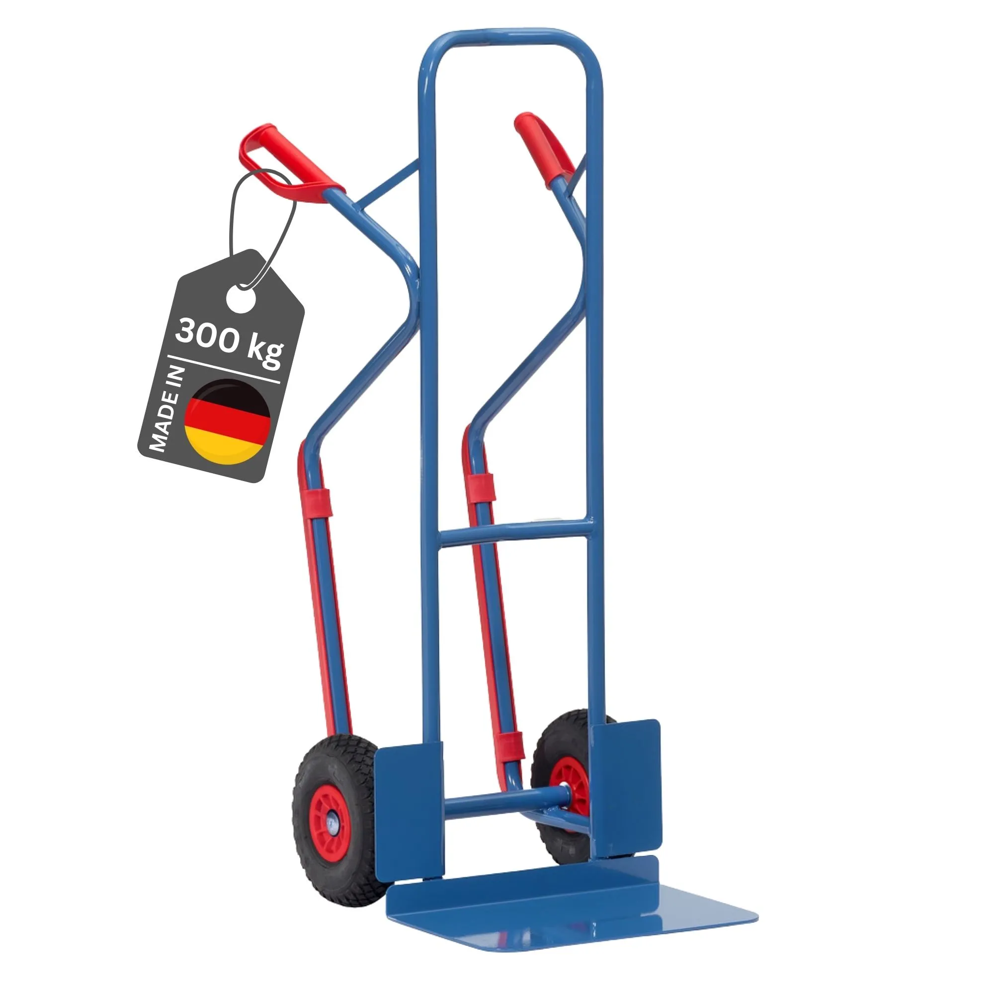 Fetra Hohe Stahlrohr-Sackkarre mit extra großer Schaufel, Treppenrutsche & pannensichere PU-Bereifung | Traglast 300kg | Made in Germany | Blau