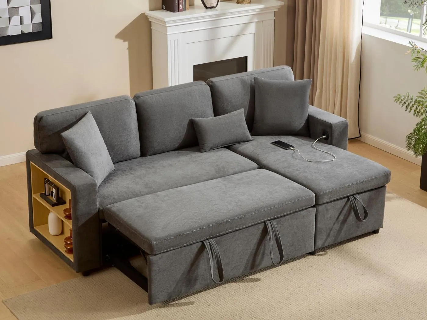 Sofa 215x133x85 cm - mit USB-Anschluss - mit Stauraum - mit Bettfunktion - grau