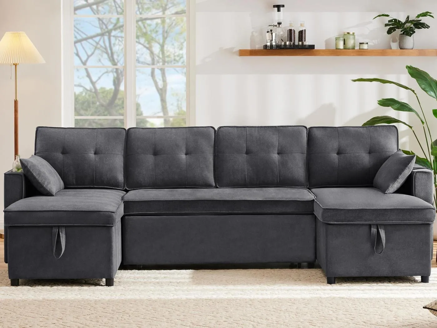 U-Sofa 270x130x86 cm - gepolstertes Sofa - Stoff aus Baumwolle und Leinen - Mit Getränkehalter - Zwei Stauraumabteile - Grau