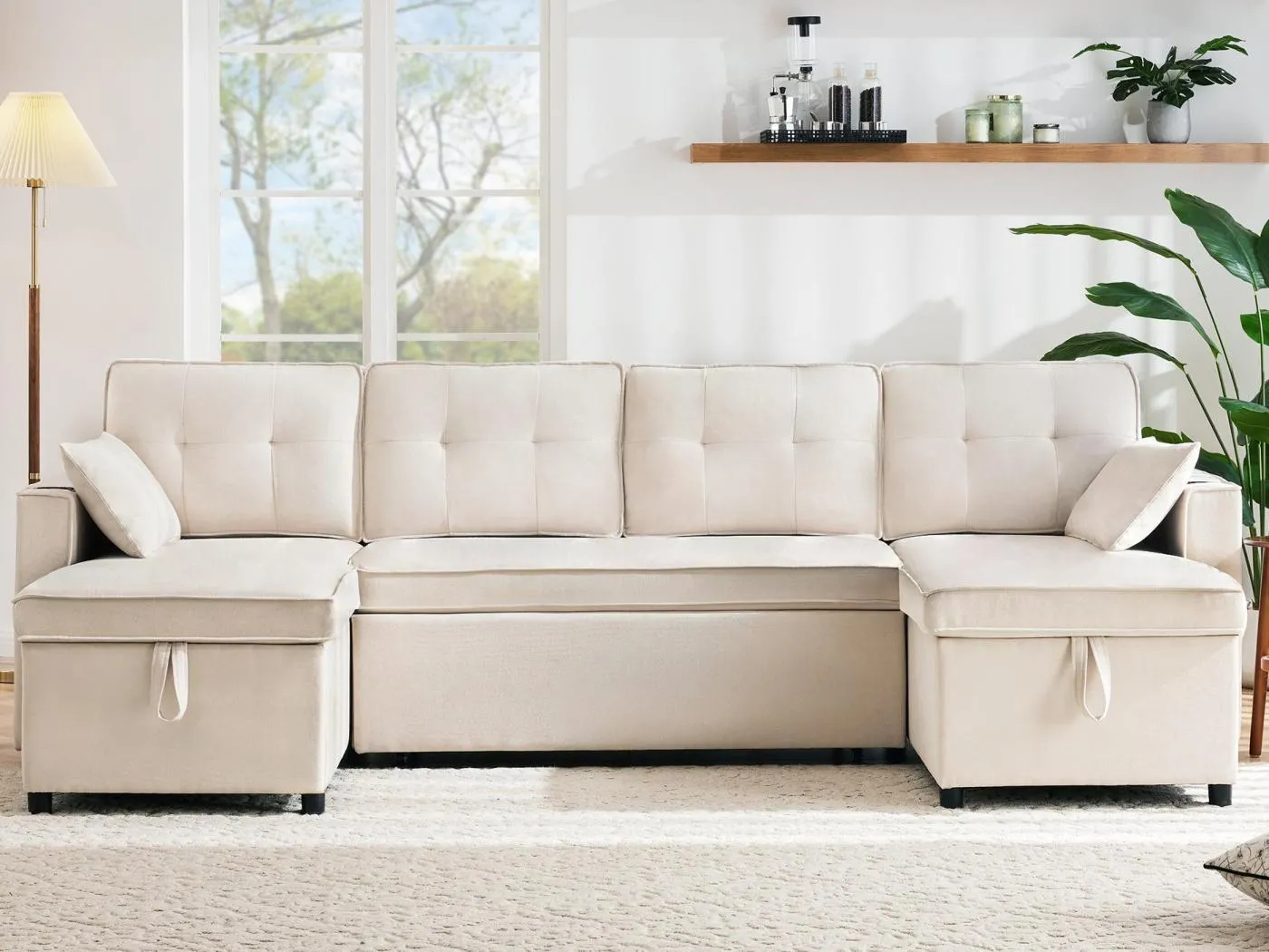 U-Sofa 270x130x86 cm - gepolstertes Sofa - Stoff aus Baumwolle und Leinen - Mit Getränkehalter - Zwei Stauraumabteile - beige