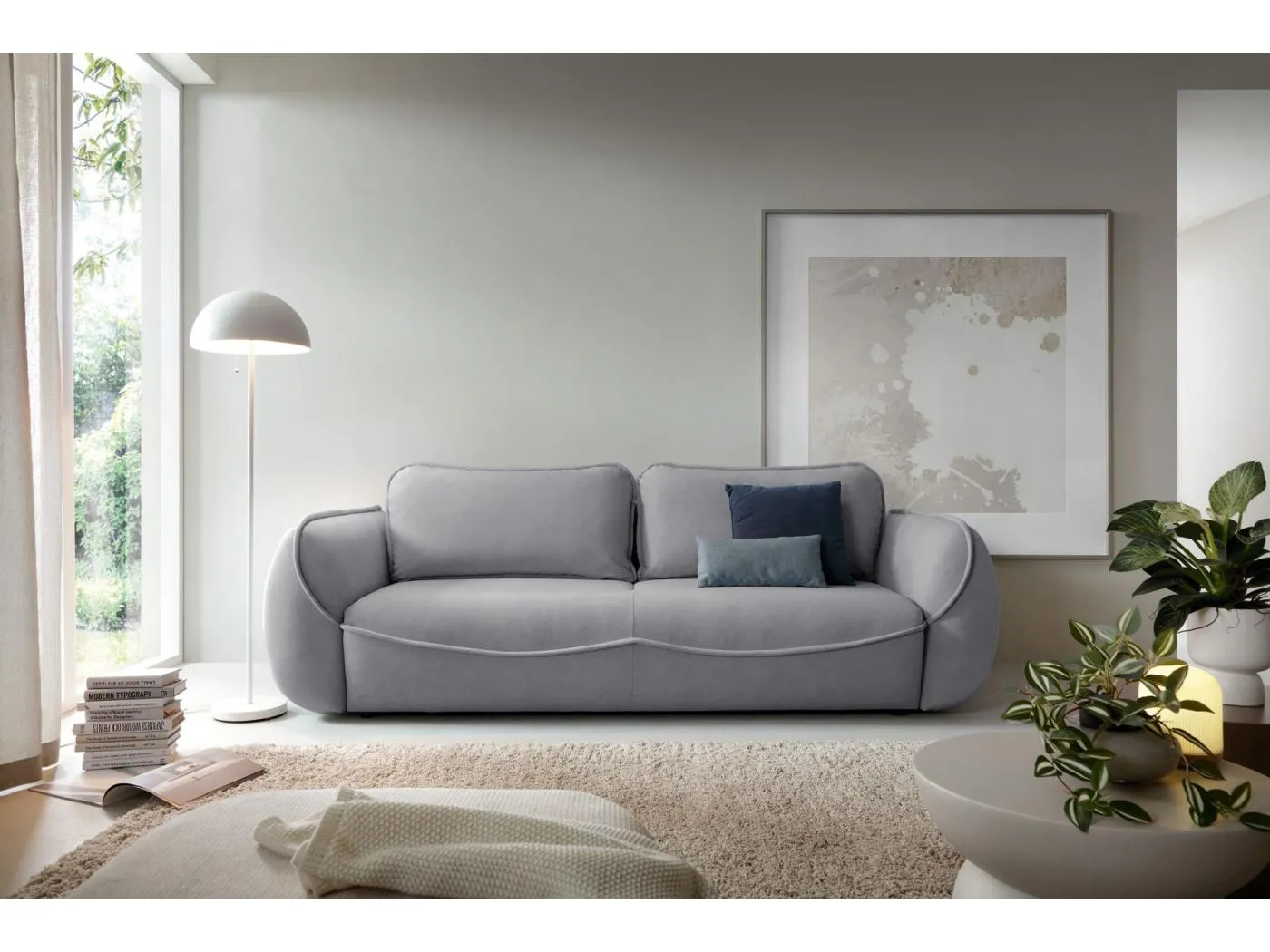 3-Sitzer Sofa - mit Schlaffunktion & Stauraum - Easy-Clean Velours - hellgrau
