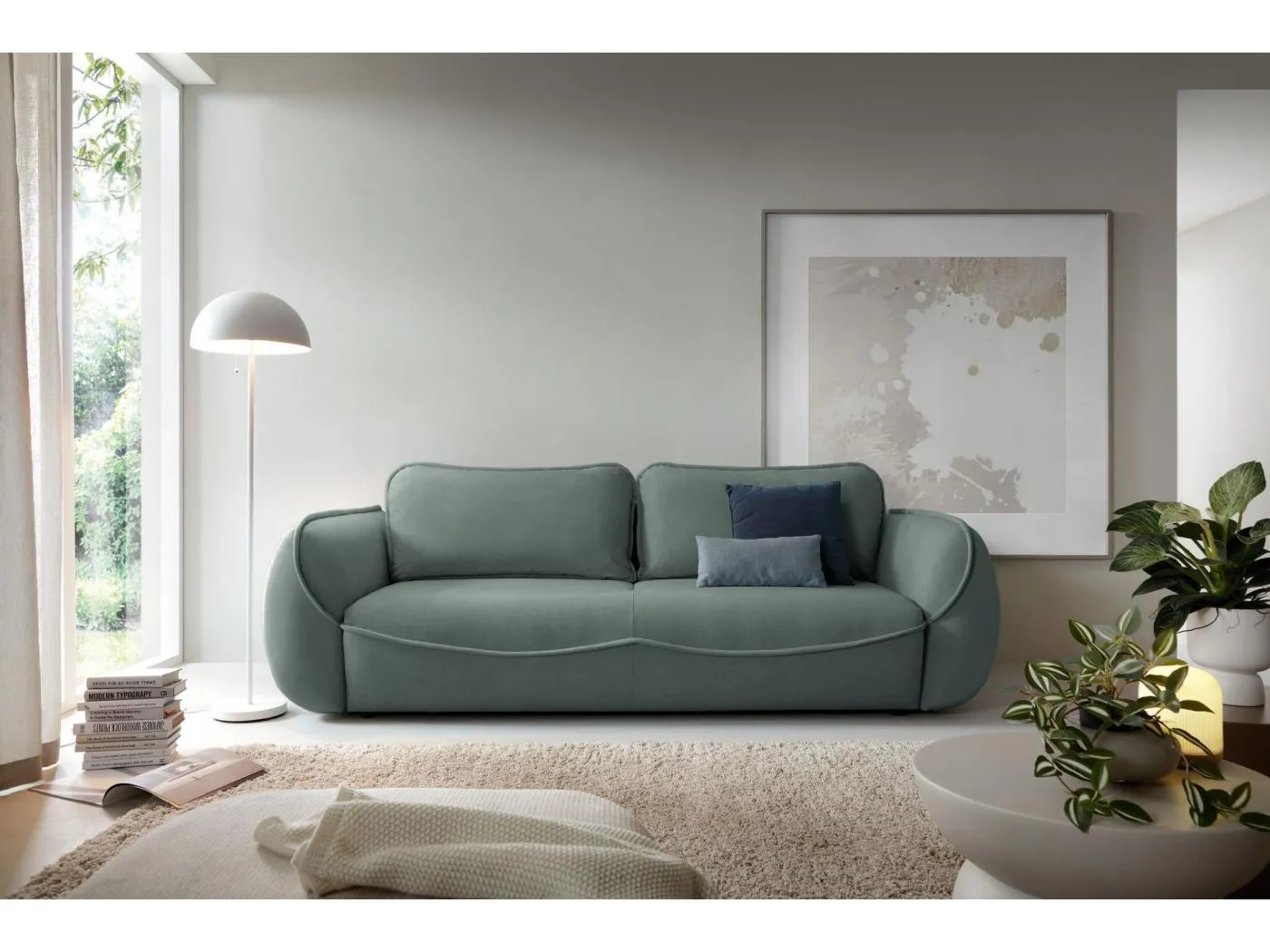 3-Sitzer Sofa - mit Schlaffunktion & Stauraum - Easy-Clean Velours - salbei