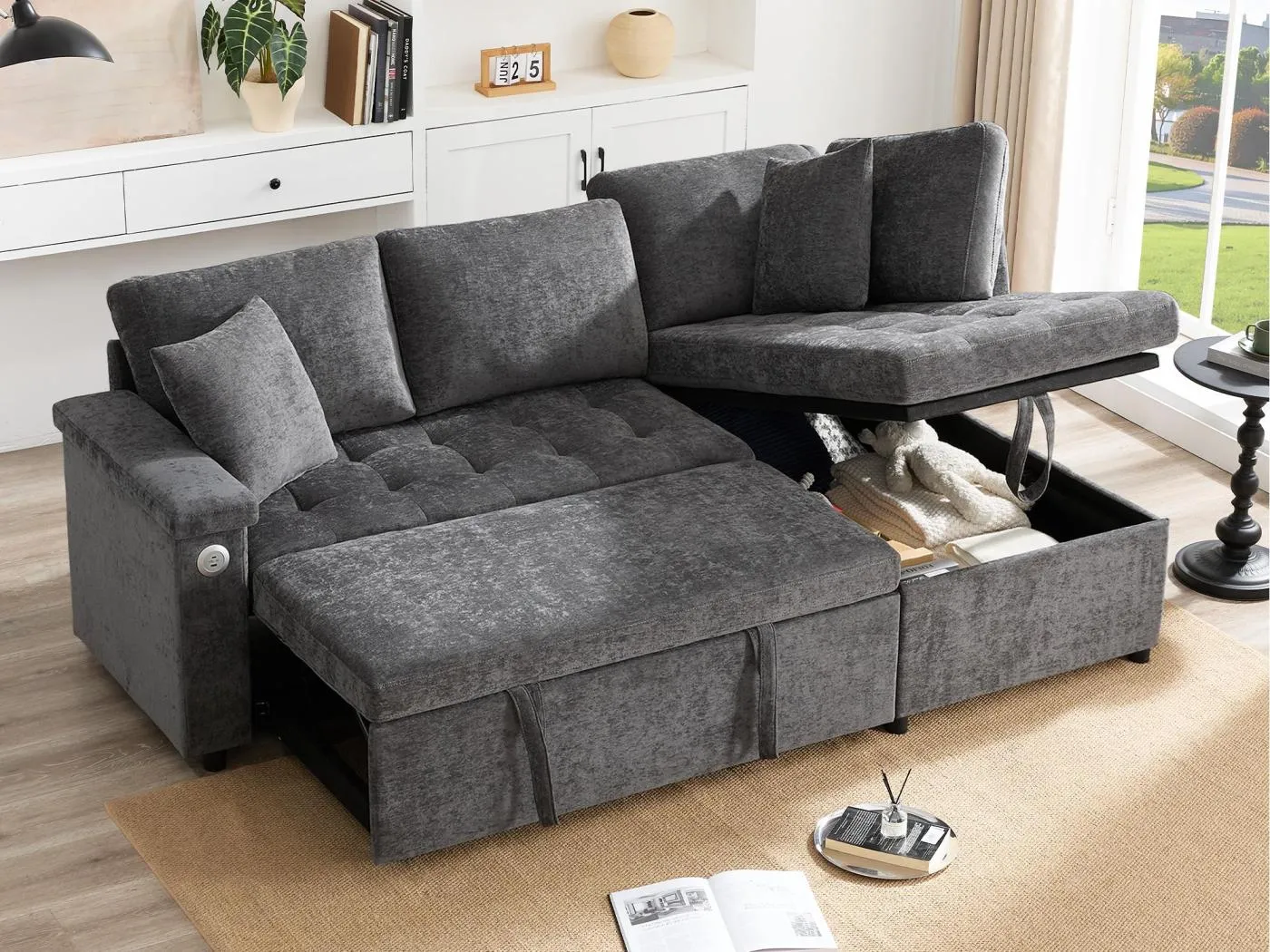 L-förmiges Sofa mit ausziehbarer Schlaffunktion - mit Stauraum - USB-Ladefunktion - 2 Kissen - Grau