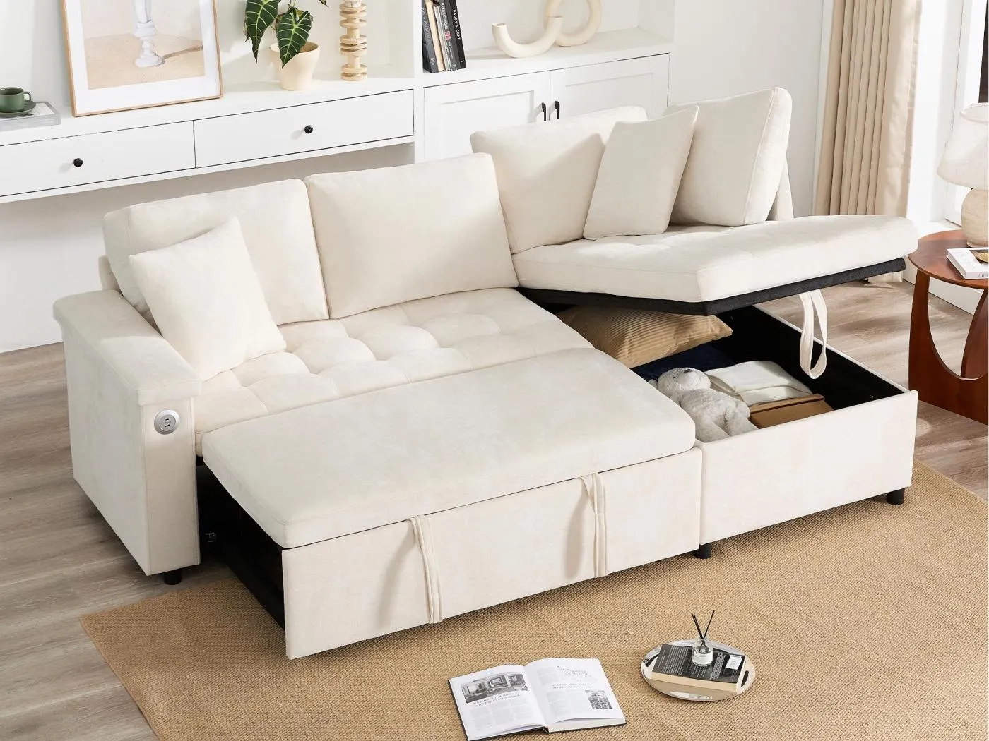 L-förmiges Sofa mit ausziehbarer Schlaffunktion - mit Stauraum - USB-Ladefunktion - 2 Kissen - Beige