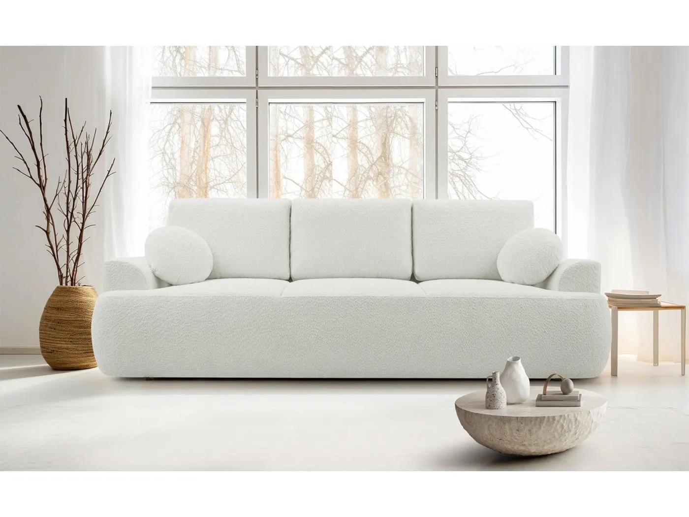 3-Sitzer-Sofa mit Schlaffunktion und Stauraum – Bouclé – Hellbeige – BARLETTO