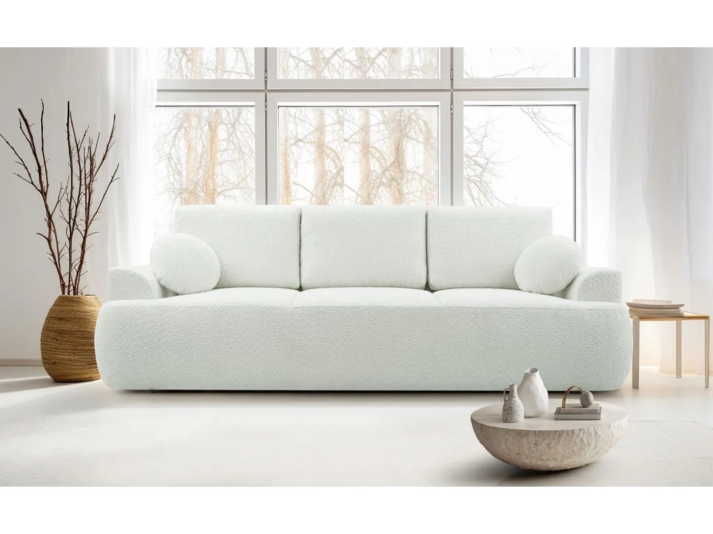 3-Sitzer-Sofa mit Schlaffunktion und Stauraum – Bouclé – Creme – BARLETTO
