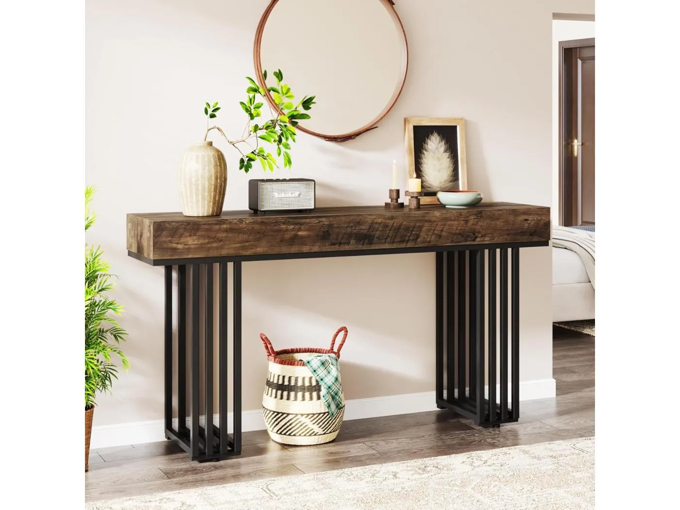 Konsolentisch für den Eingangsbereich, Konsole für den Eingangsbereich, Flurtisch mit elegantem Metallrahmen im Industriestil, Konsolentisch aus Holz für Wohnzimmer, Eingangsbereich, Flur (140 cm, braun)
