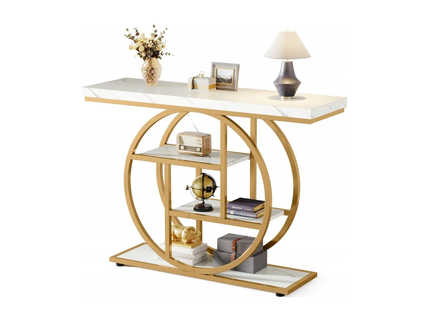 Industriestil-Konsole mit 105 cm Länge, 4 Etagen, kreisförmiger Basis, schmaler Holzausführung mit Ablagefächern (Weiß/Gold)