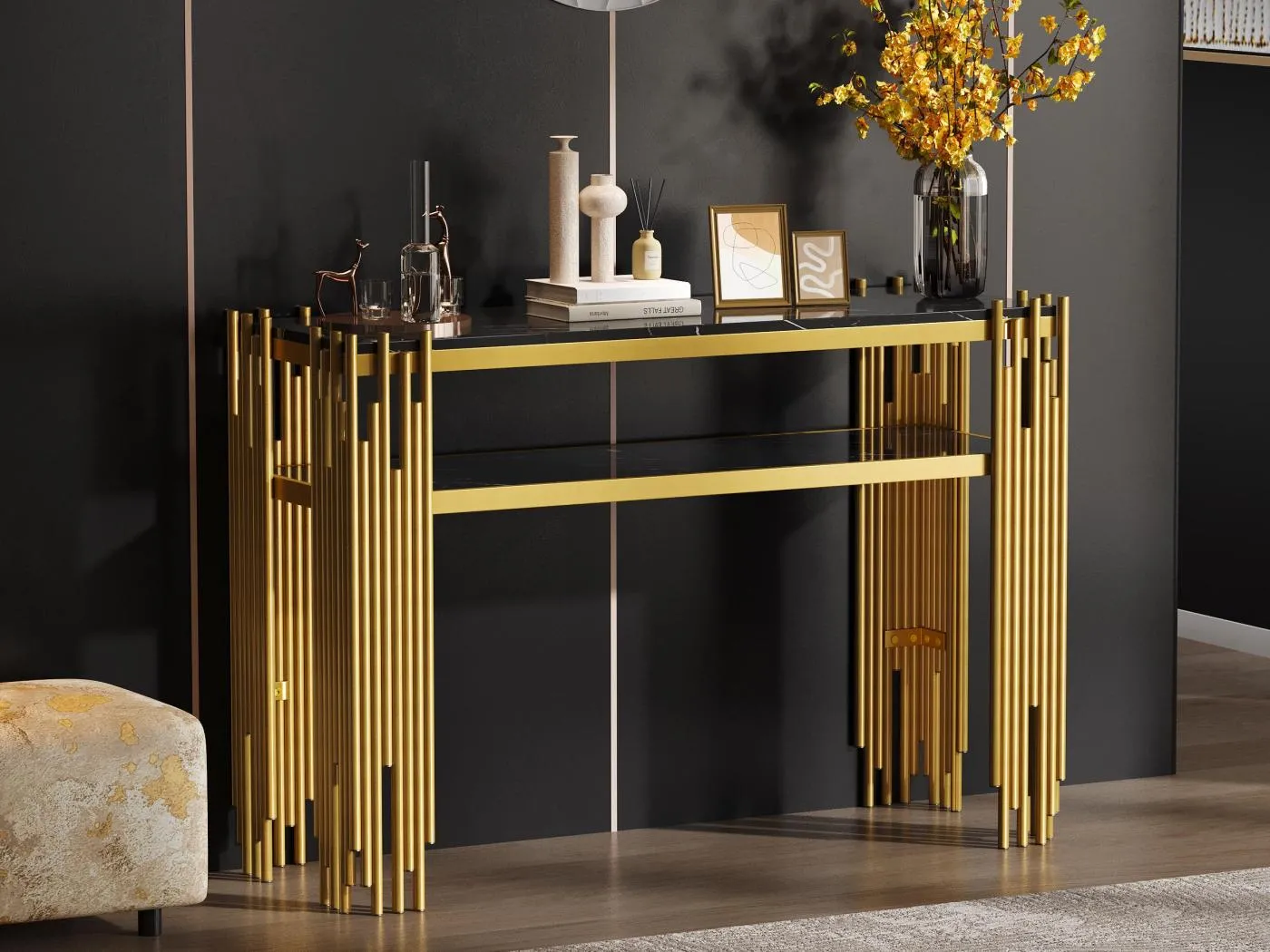 Moderne Konsole 124x44x80 cm - MDF - Schwarz + Gold