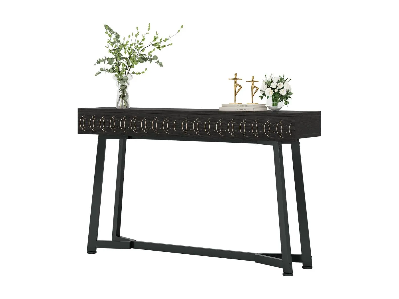 140 cm moderne Tischkonsole, schwarzer Eingangstisch mit 2 Schubladen, Couchsideboard hinter der Couch