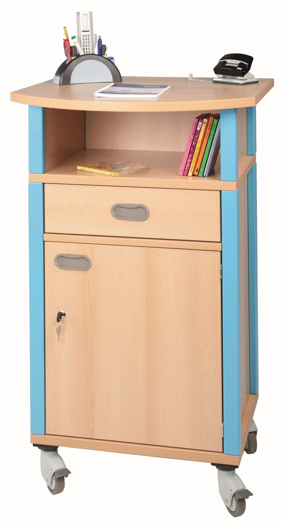 Fahrbares Stehpult mit farbigen Massivholzstollen, Tür und Schub