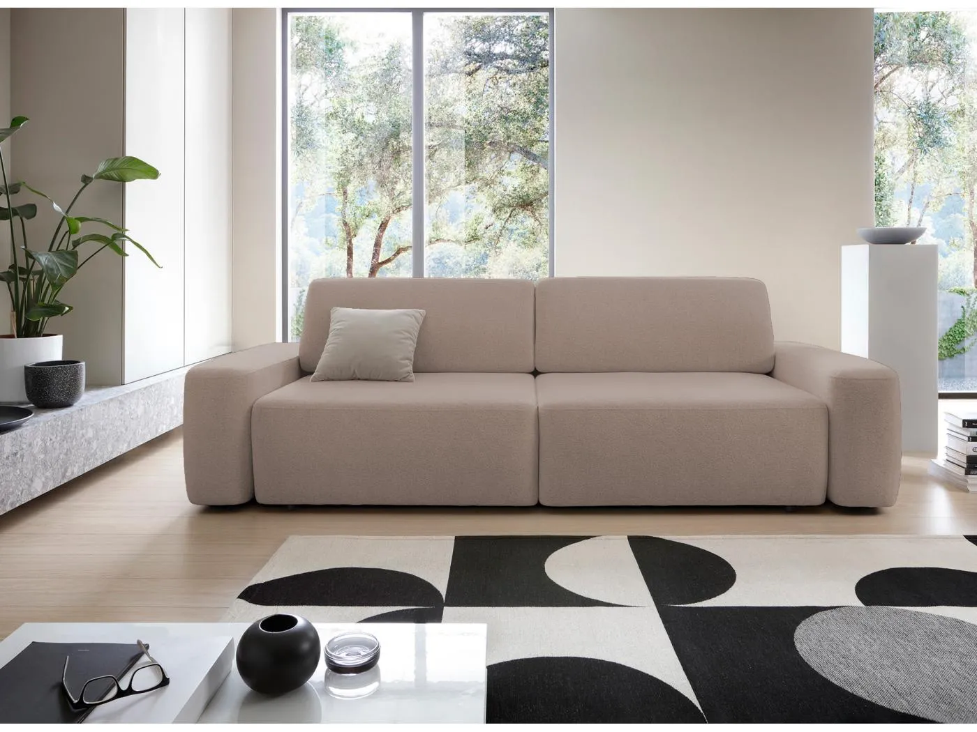 4-Sitzer-Sofa, freistehend, Bettzeugcontainer, Polsterung aus PUR-Schaum, Stoff Raven, Schlaffunktion: 120x200cm, Größe: 257x82x105cm, Cappucino