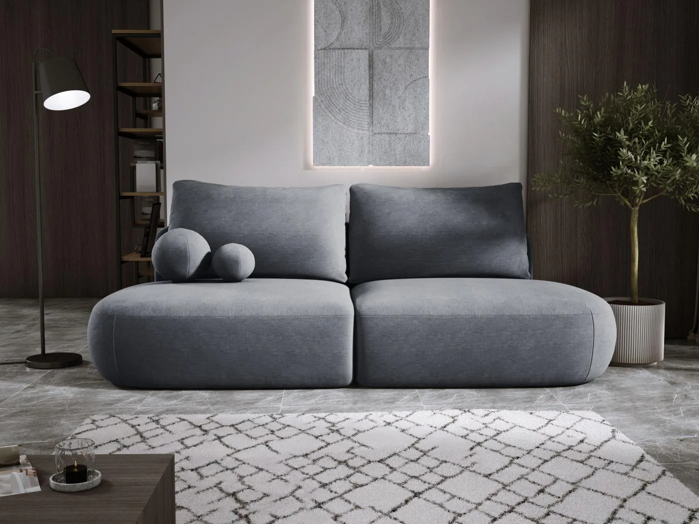 Schlafsofa Moderne  BABU mit Schlaffunktion – 3-Sitzer Sofa mit Bettkasten, DL-Automat, 2 Rückenkissen, 2 Zierkissen, 240x90x90 cm Grau