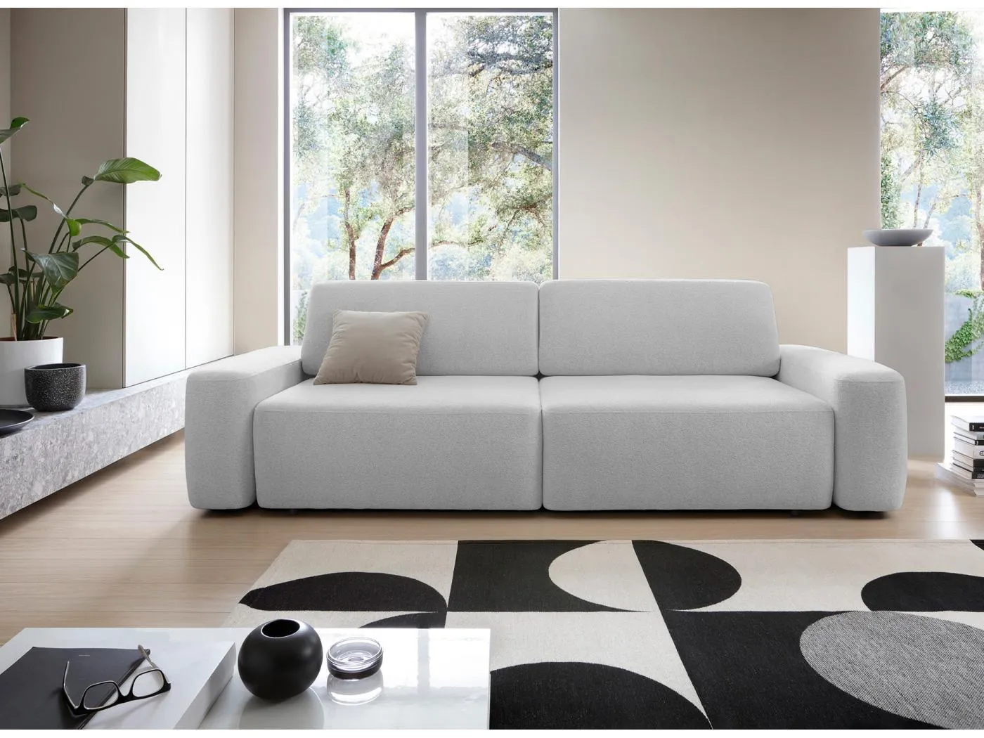 4-Sitzer-Sofa, freistehend, Bettzeugcontainer, Polsterung aus PUR-Schaum, Stoff Raven, Schlaffunktion: 120x200cm, Größe: 257x82x105cm, Esche
