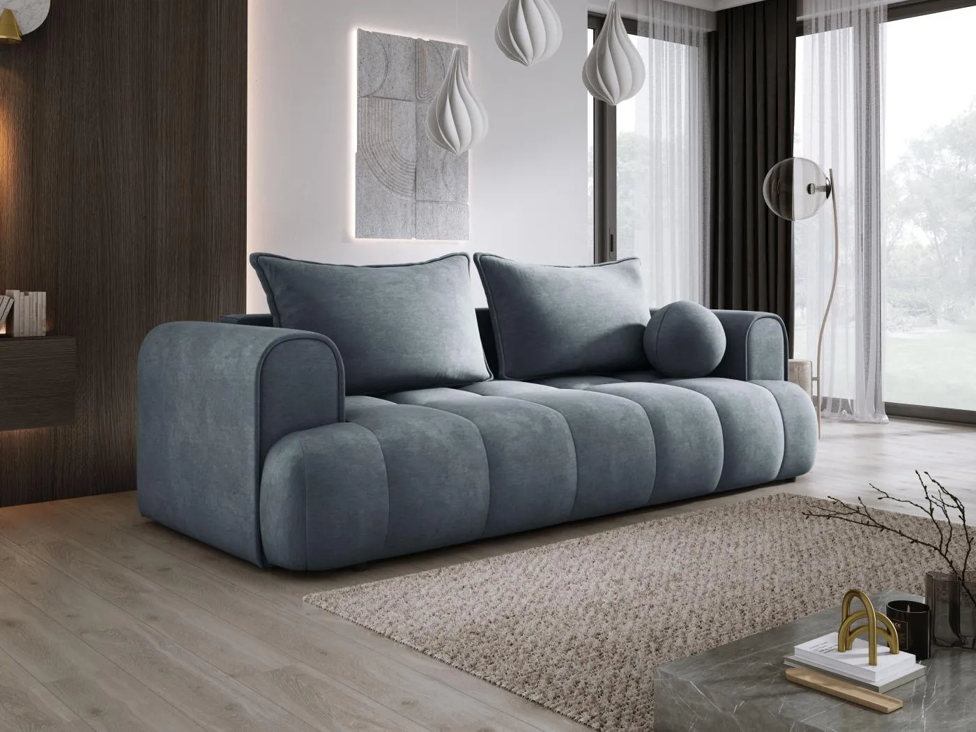 Sofa COCO Schlafsofa mit Bettfunktion, CLOUD Stoff, 2-Sitzer, freistehend, 250x105x90cm, Farbe: Grau
