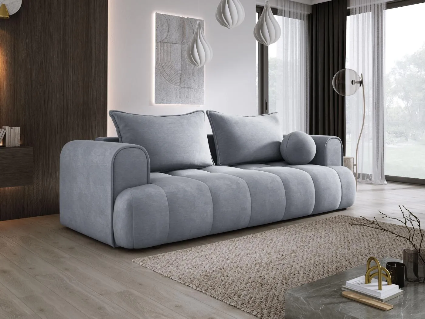 Sofa COCO Schlafsofa mit Bettfunktion, CLOUD Stoff, 2-Sitzer, freistehend, 250x105x90cm, Farbe: Hellgrau