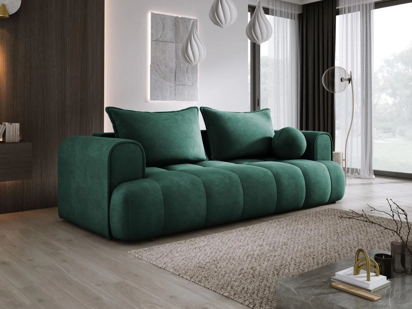 Sofa COCO Schlafsofa mit Bettfunktion, CLOUD Stoff, 2-Sitzer, freistehend, 250x105x90cm, Farbe: Grün