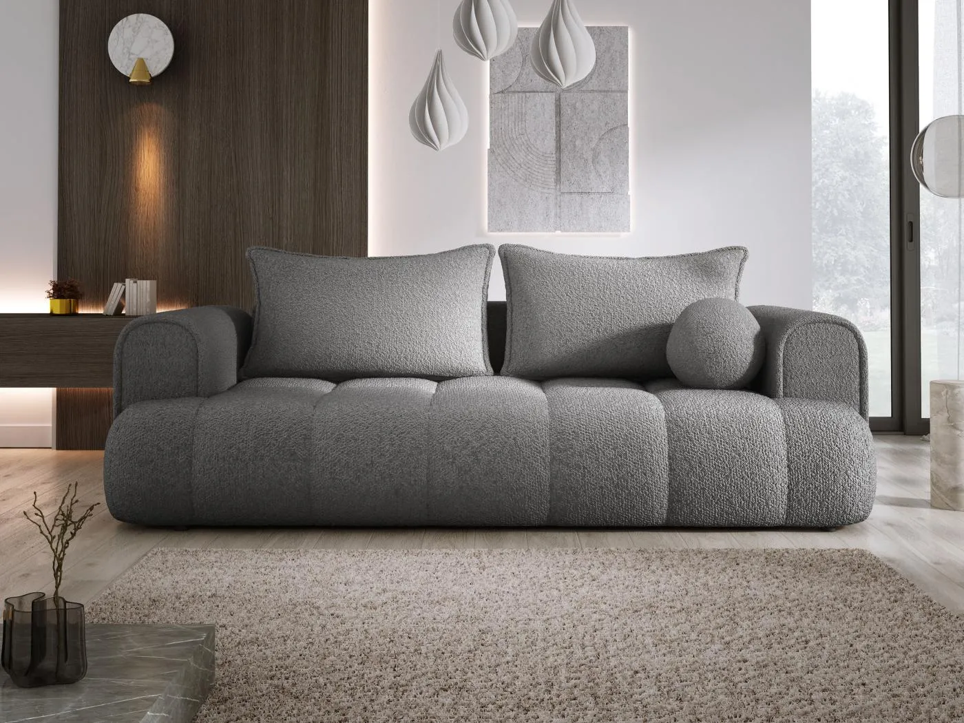 Sofa COCO Schlafsofa Mit Bettfunktion, Anthology Stoffbezug, 2-Sitzer, Freistehend, Größe: 250x105x90cm Farbe: Grau