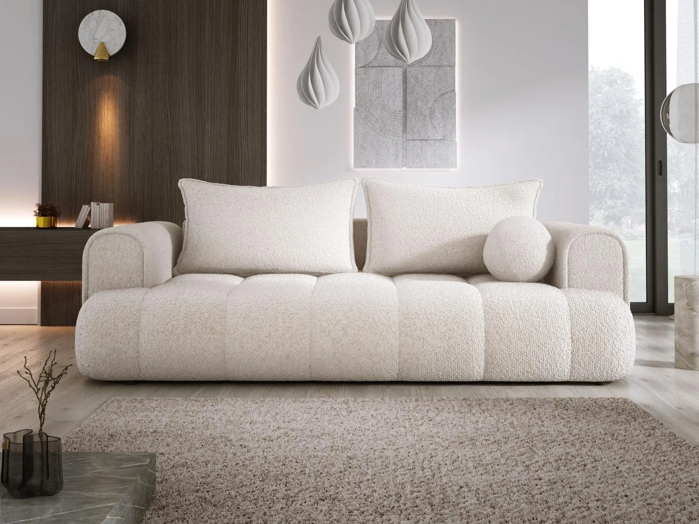Sofa COCO Schlafsofa Mit Bettfunktion, Anthology Stoffbezug, 2-Sitzer, Freistehend, Größe: 250x105x90cm Farbe: Creme