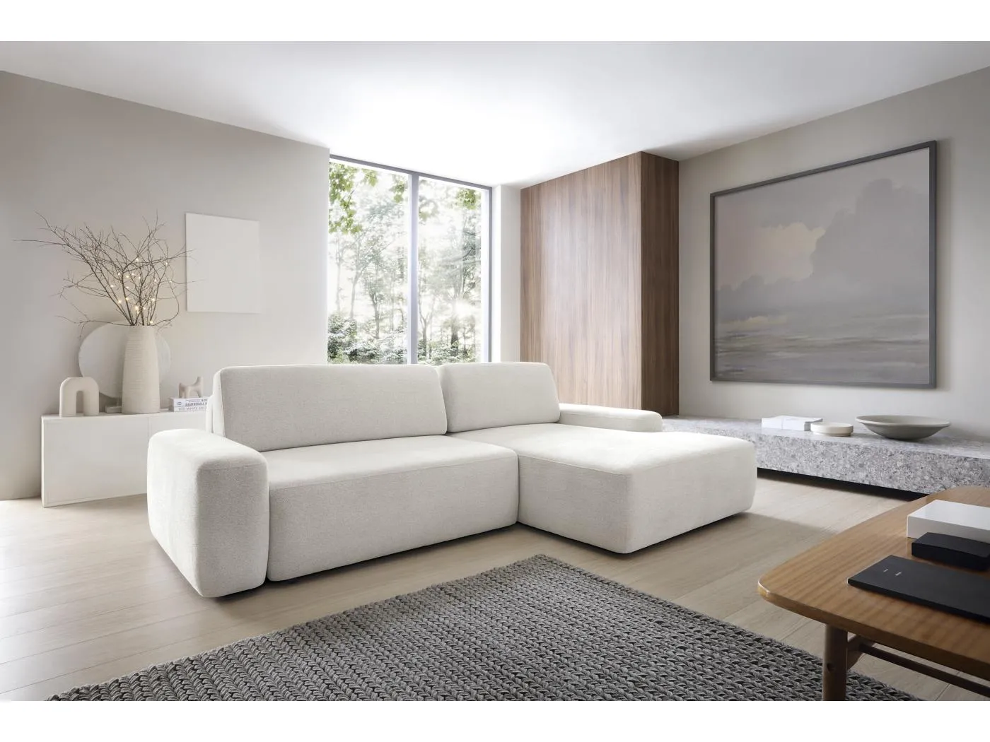 BOULI 4-Sitzer Polstersofa Raven mit Schlaffunktion 130x210cm Bettzeugablage 264x162x82cm rechte Seite Farbe: beige