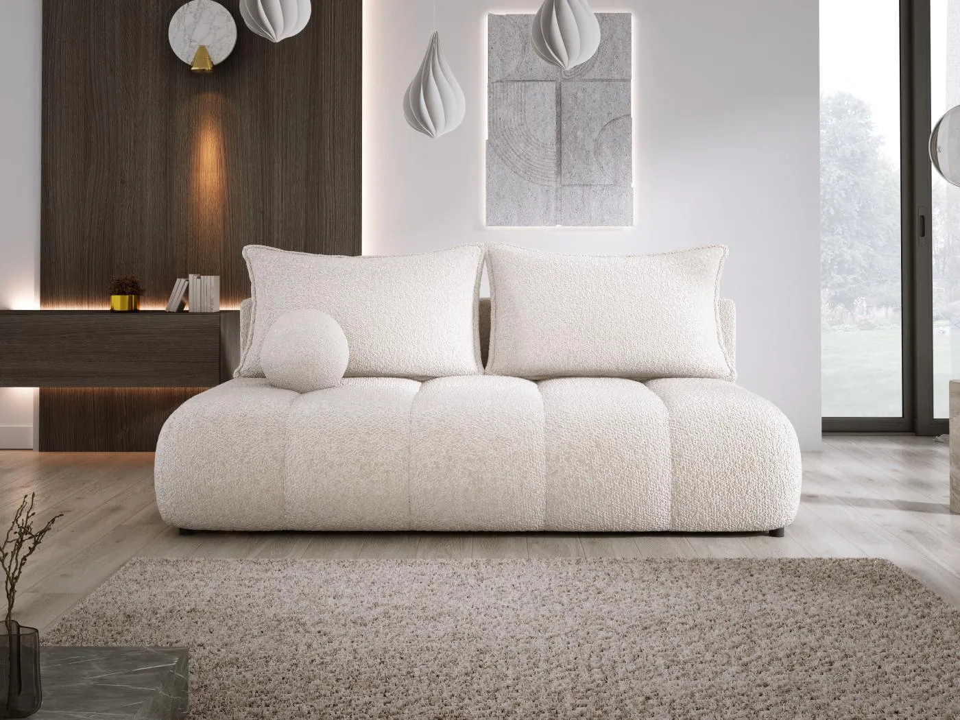 Sofa COCO MINI Schlafsofa Mit Bettfunktion, Anthology Stoffbezug, 2-Sitzer, Freistehend, Größe: 205x105x97cm Farbe: Creme