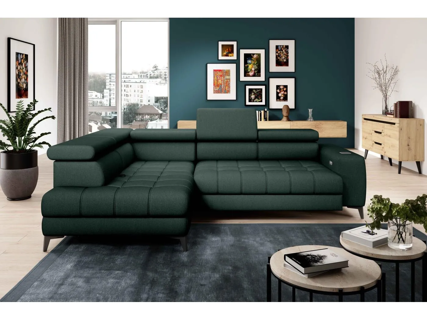 BAGGIO Ecksofa 280x196cm, Schlaffunktion, Bettkasten, elektrisch verstellbar, Kopfstützen, Letto Stoff, links, Dunkelgrün