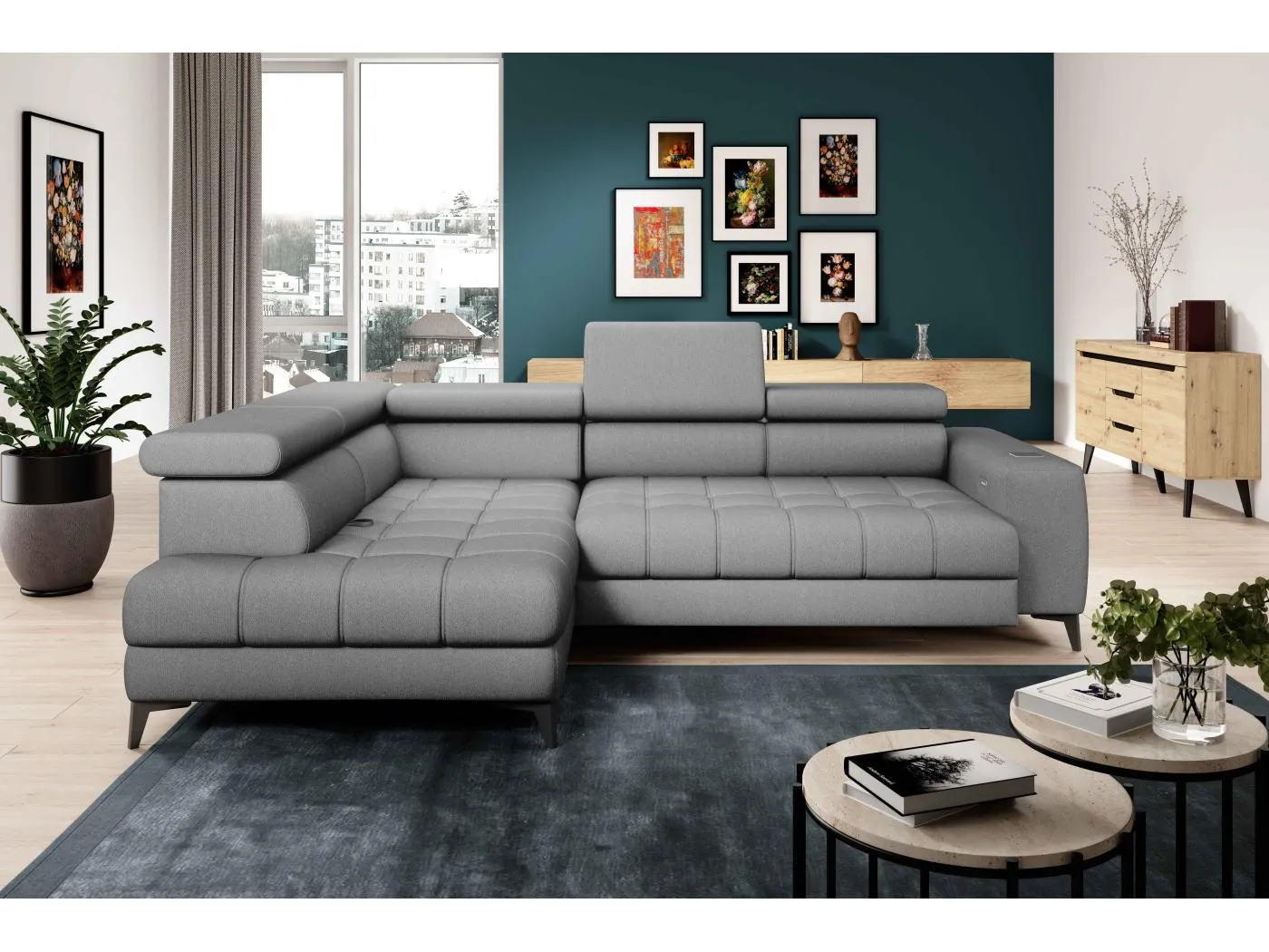 BAGGIO Ecksofa 280x196cm, Schlaffunktion, Bettkasten, elektrisch verstellbar, Kopfstützen, Letto Stoff, links, Grau