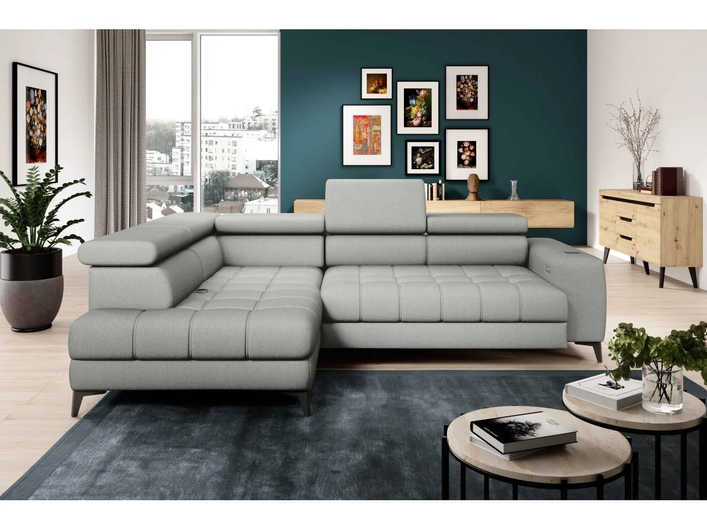 BAGGIO Ecksofa 280x196cm, Schlaffunktion, Bettkasten, elektrisch verstellbar, Kopfstützen, Letto Stoff, links, Esche