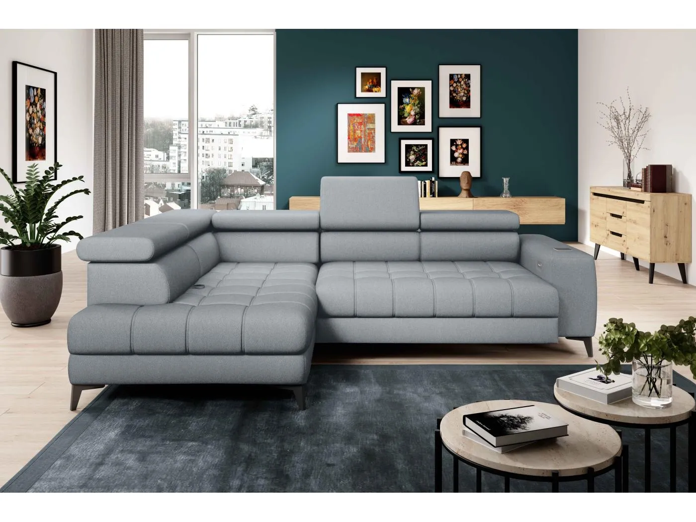 BAGGIO Ecksofa 280x196cm, Schlaffunktion, Bettkasten, elektrisch verstellbar, Kopfstützen, Letto Stoff, links, Hellgrau