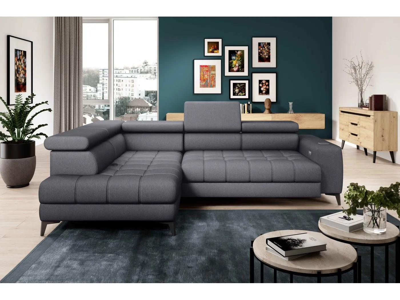 BAGGIO Ecksofa 280x196cm, Schlaffunktion, Bettkasten, elektrisch verstellbar, Kopfstützen, Letto Stoff, links, Dunkelgrau