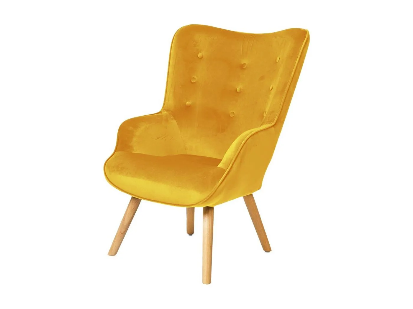 Senfgelber Samtsessel mit Holzbeinen aus der ENJOY-Kollektion. Skandinavischer Stil.