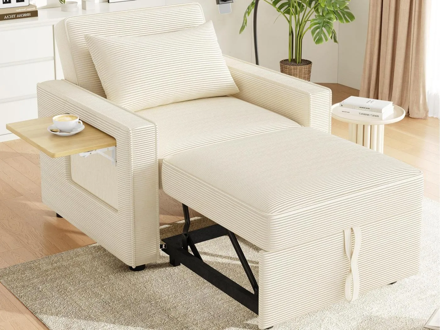 Multifunktionelles Klappsofa - mit USB-Ladeanschlüssen - mit Handyhalterung - Cordstoff - Beige