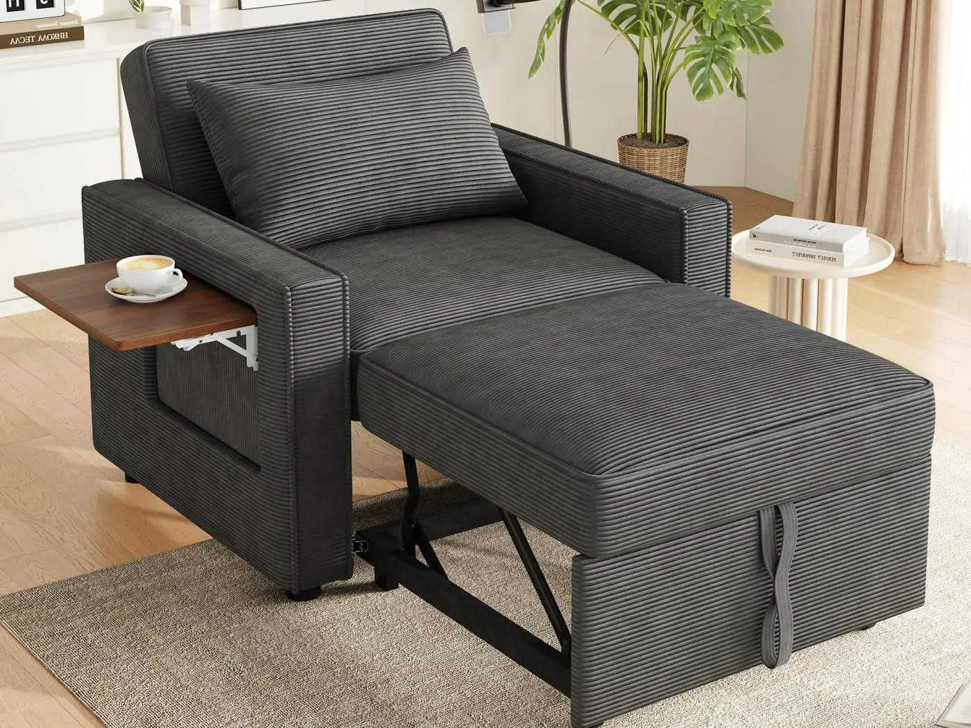 Multifunktionelles Klappsofa - mit USB-Ladeanschlüssen - mit Handyhalterung - Cordstoff - Grau