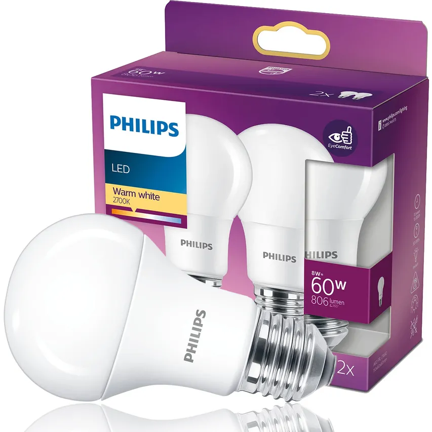 Set 2x LED-Lampe A60 E27 8W =60W 2700K warm WW 806lm Philips