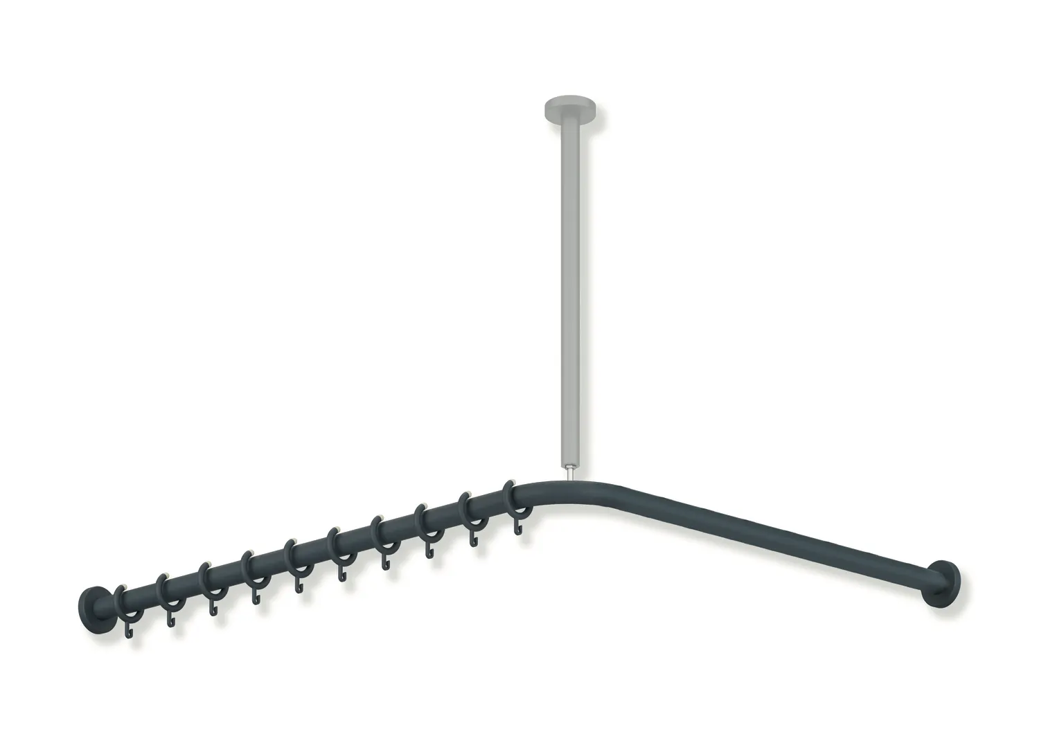 Vorhangstange der Serie 801, Polyamid, matt, Achsmaß 983 x 1183 mm, kürzbar, Deckenabhängung erforderlich, D: 33 mm, mit 24 Vorhangringen, in Farbe 92 (Anthrazitgrau)