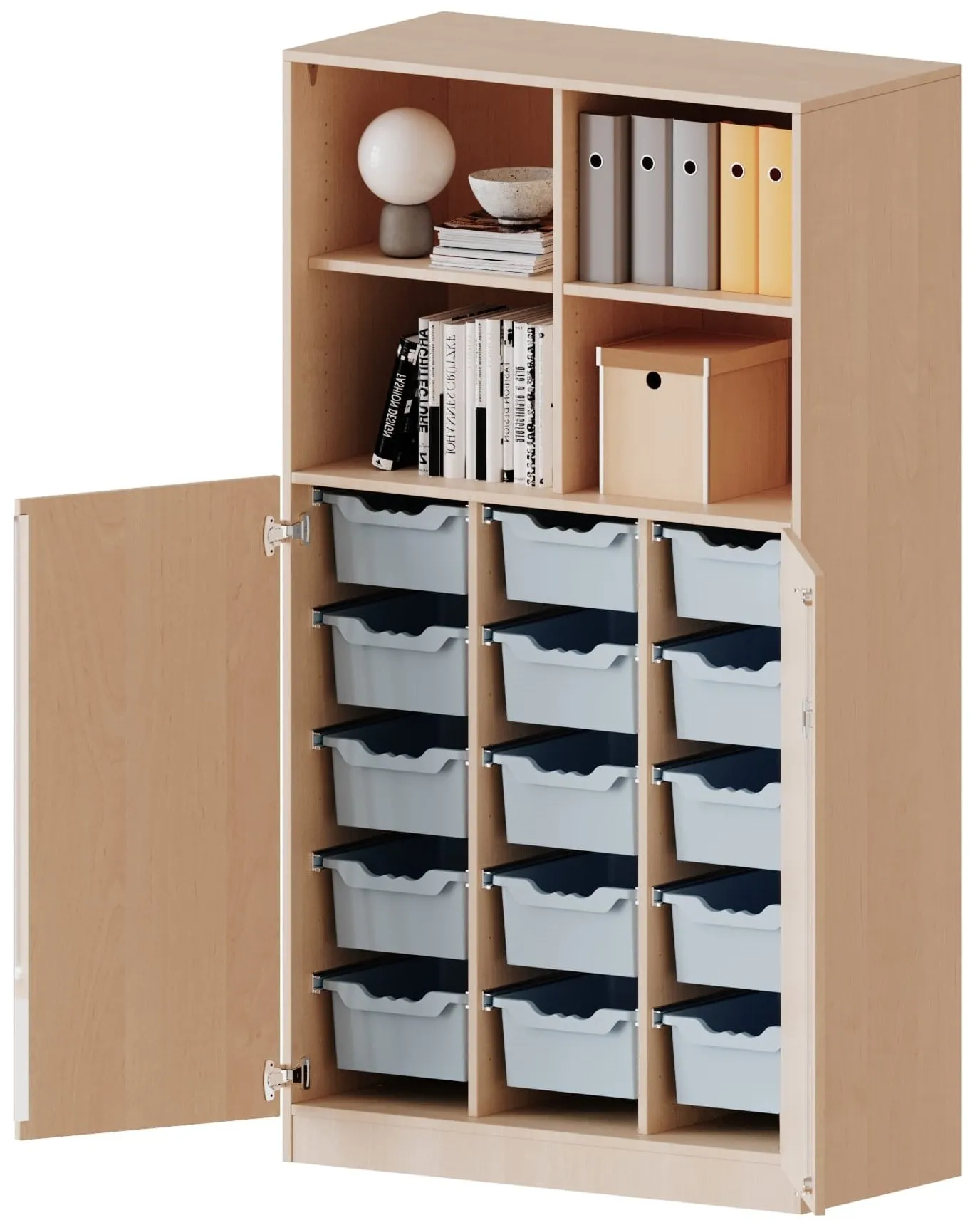 Kombischrank mit 15 hohen ErgoTray Boxen und 4 oder 6 offenen Fächern, Breite 104,5 cm - EVO180 Serie