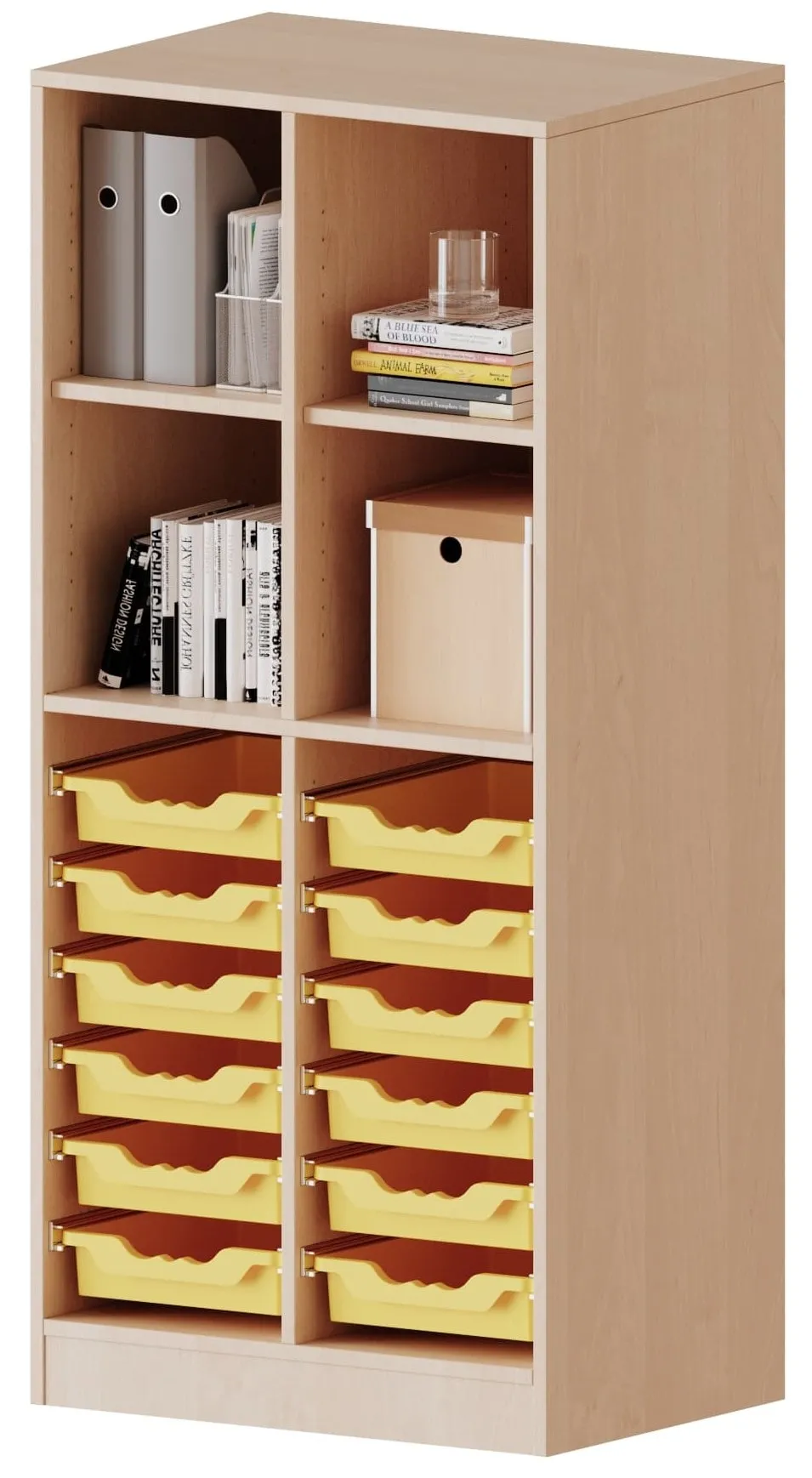 Regal mit 12 flachen ErgoTray Boxen und 4 offenen Fächern, B/H 70,3 x 154 cm - EVO180 Serie