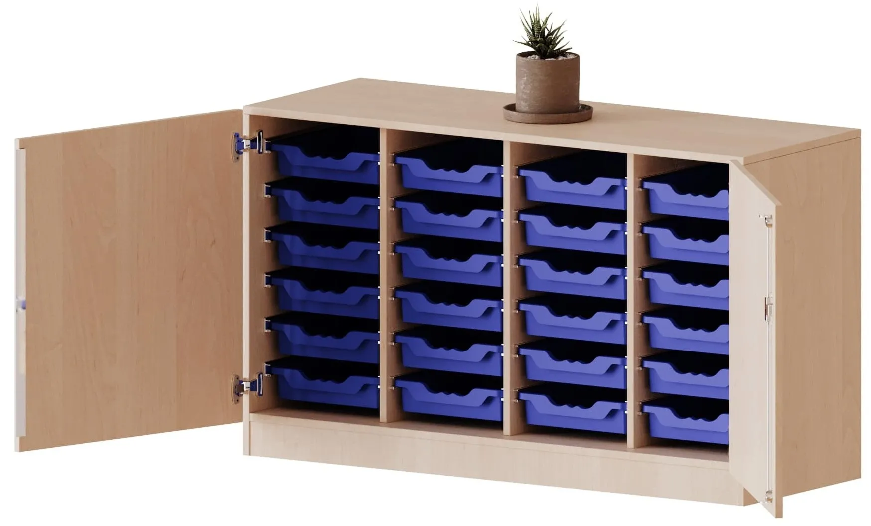 Schrank vierreihig mit 24 oder 32 flachen ErgoTray Boxen, B/T 138,7 x 50 cm - EVO180 Serie