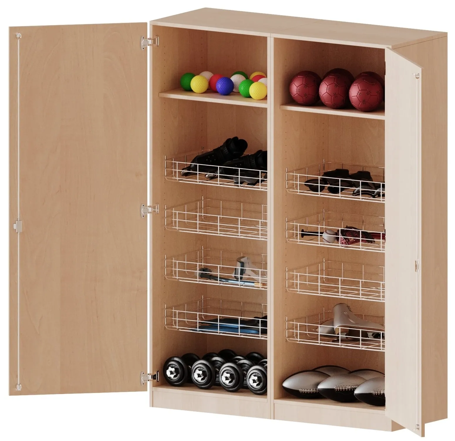 Sportschrank mit 8 Ballkörben und zwei Einlegeböden, B/H/T 140,6 x 190 x 60 cm - EVO180 Serie