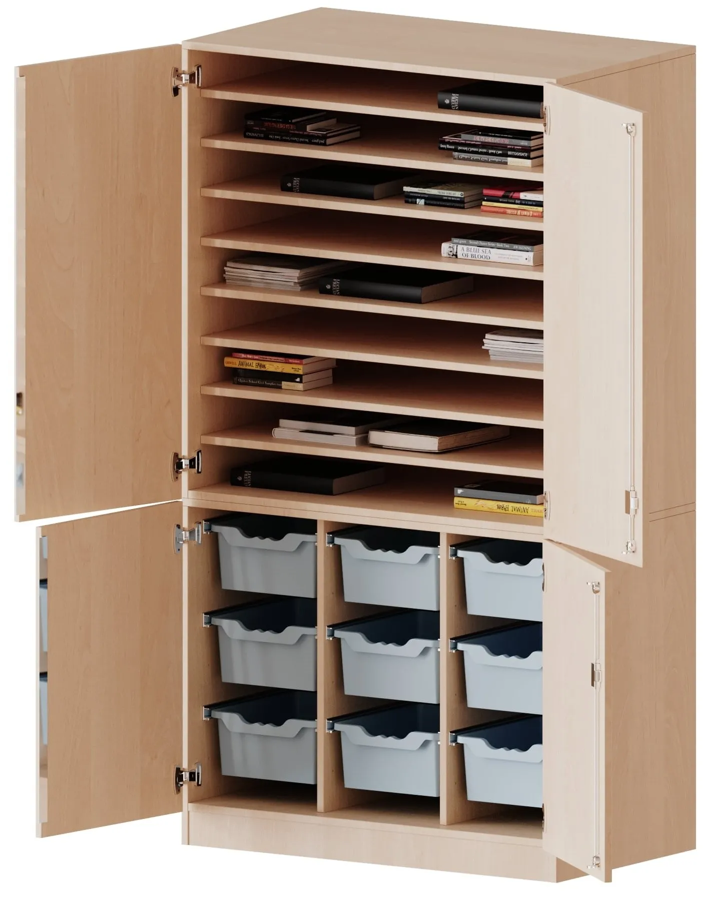 Bastelschrank mit 9 Papierablagen und 9 ErgoTray Boxen, geteilte Türen - EVO180 Serie