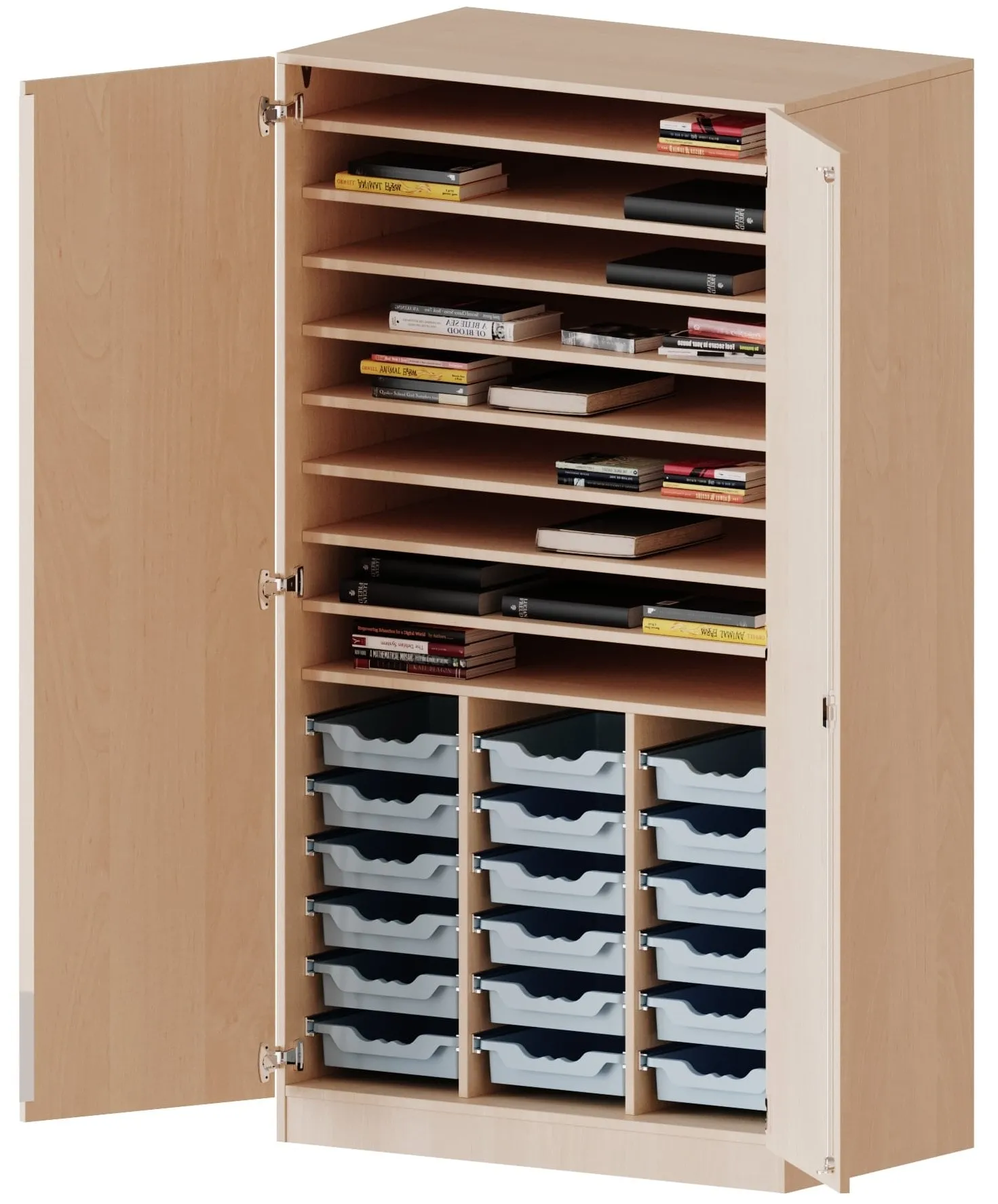 Bastelschrank mit 9 Papierablagen und 18 ErgoTray Boxen, durchgehende Türen - EVO180 Serie