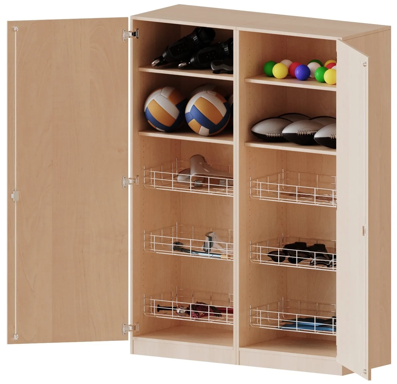 Sportschrank mit 6 Ballkörben und 4 Einlegeböden, B/H/T 140,6 x 190 x 60 cm - EVO180 Serie