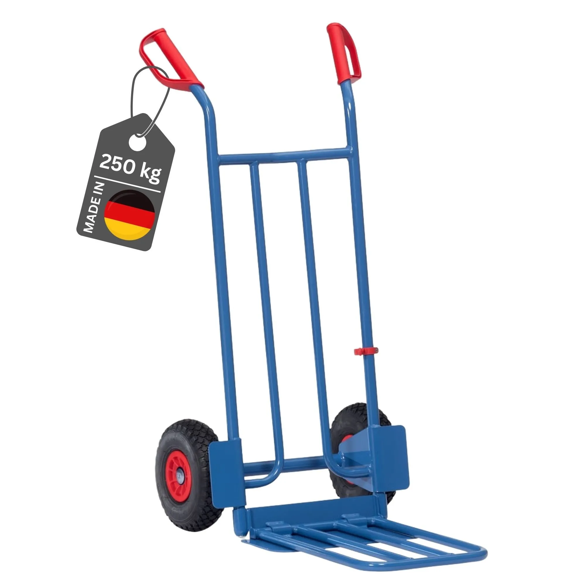 Fetra Paketkarre mit Stahlblech- und Klappschaufel, gebogenen Streben & pannensichere PU-Bereifung | Traglast 250kg | Made in Germany | Blau