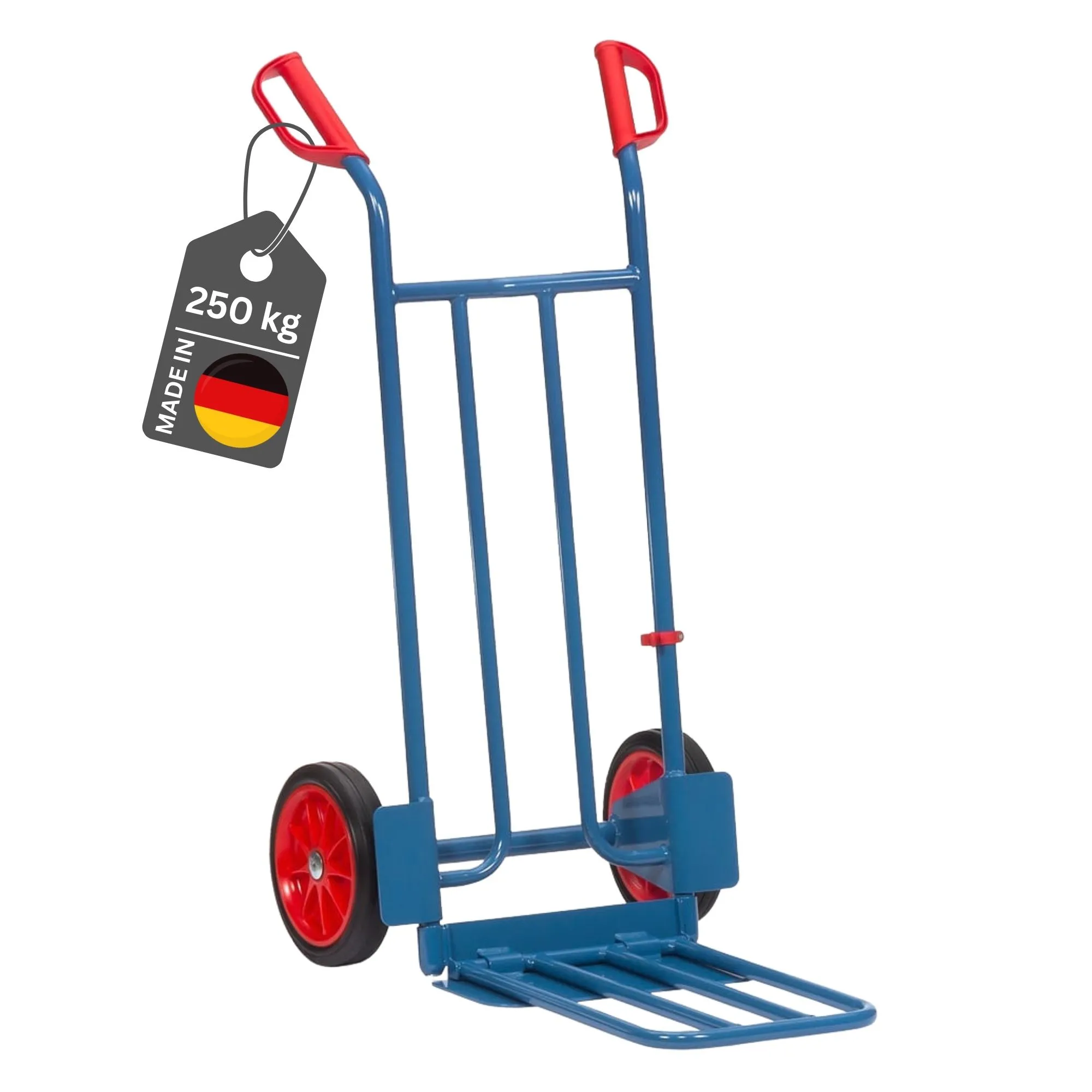 Fetra Paketkarre mit Stahlblech- und Klappschaufel, gebogenen Streben & pannensichere Vollgummibereifung | Traglast 250kg | Made in Germany | Blau