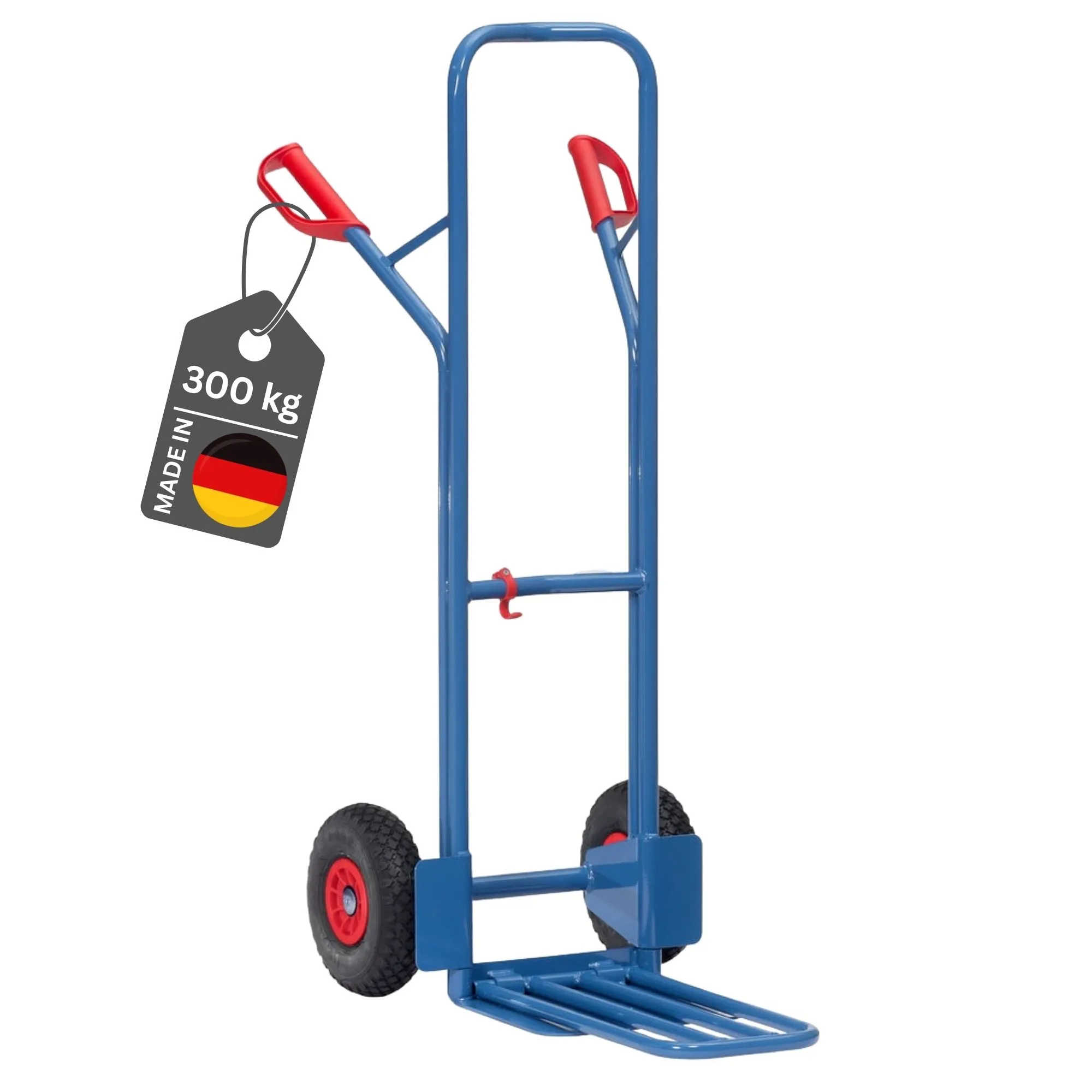 Fetra Hohe Paketkarre mit Stahlblech- und Klappschaufel, gebogenen Streben & pannensichere PU-Bereifung | Traglast 300kg | Made in Germany | Blau