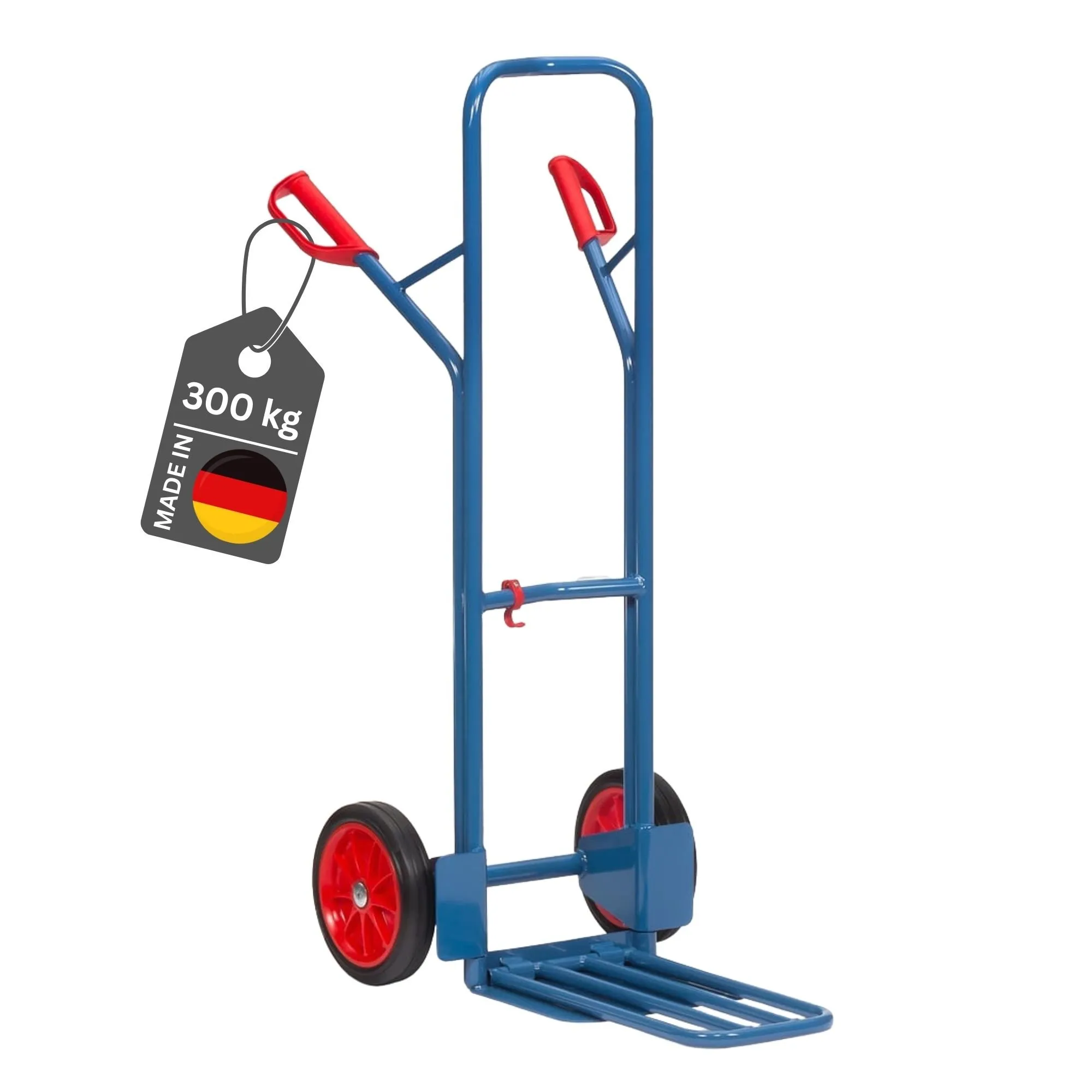Fetra Hohe Paketkarre mit Stahlblech- und Klappschaufel, gebogenen Streben & pannensichere Vollgummibereifung | Traglast 300kg | Made in Germany | Blau