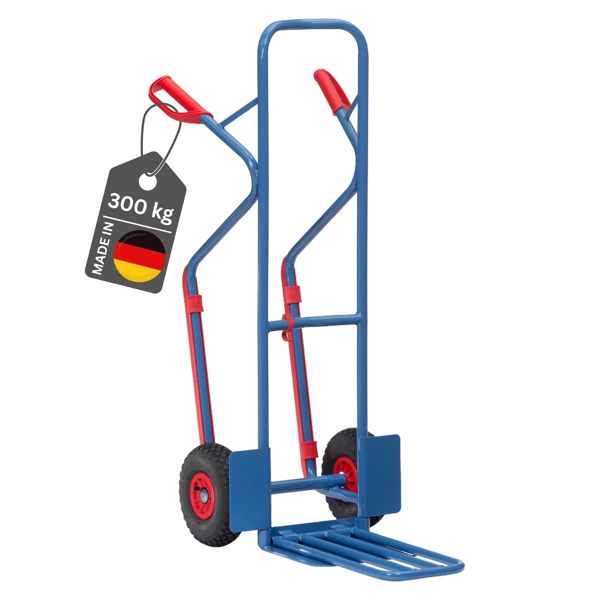 Fetra Hohe Paketkarre mit Stahlblech- und Klappschaufel, Treppenrutsche, gebogenen Streben & Luftbereifung | Traglast 300kg | Made in Germany | Blau