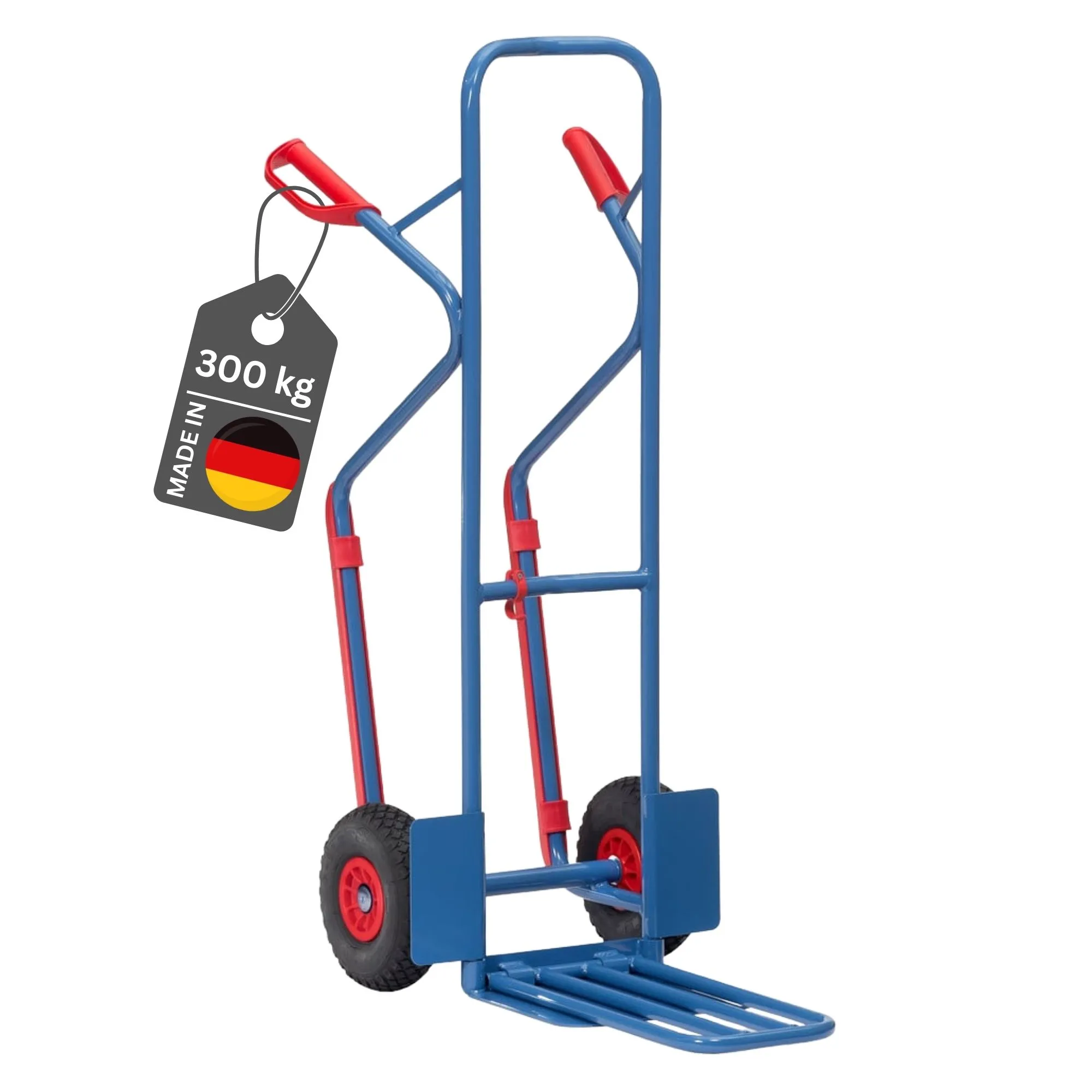 Fetra Hohe Paketkarre mit Stahlblech- und Klappschaufel, Treppenrutsche, gebogenen Streben & pannensichere PU-Bereifung | Traglast 300kg | Made in Germany | Blau